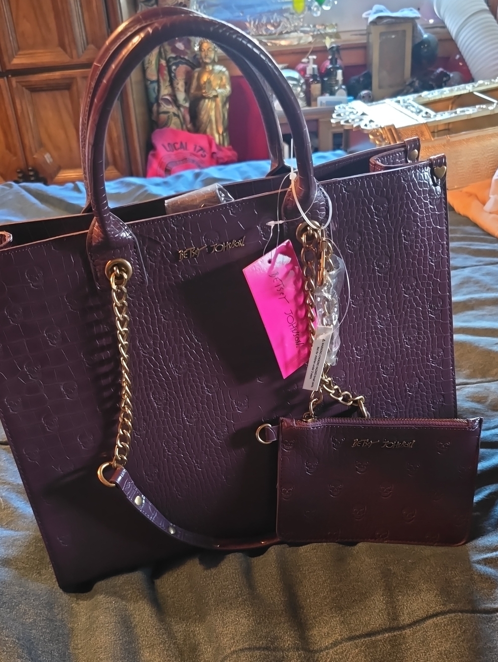NWT Betsey Johnson Burgundy Croc-Embossed Tote with Matching Wristlet